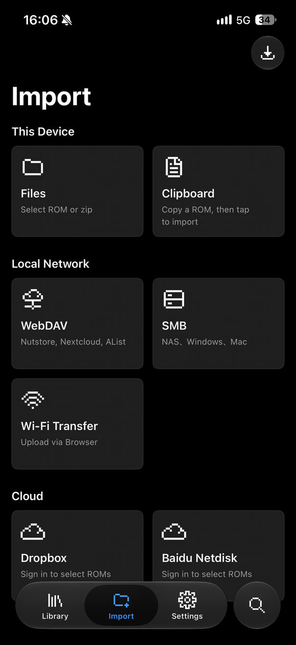 Pixgo 导入界面:文件、剪贴板、WebDAV、SMB、Wi-Fi 传输、Dropbox、百度网盘