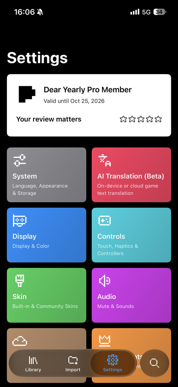 Pixgo 设置:Pro 会员卡,以及系统、AI 翻译、画面、操控、皮肤、音频等分类
